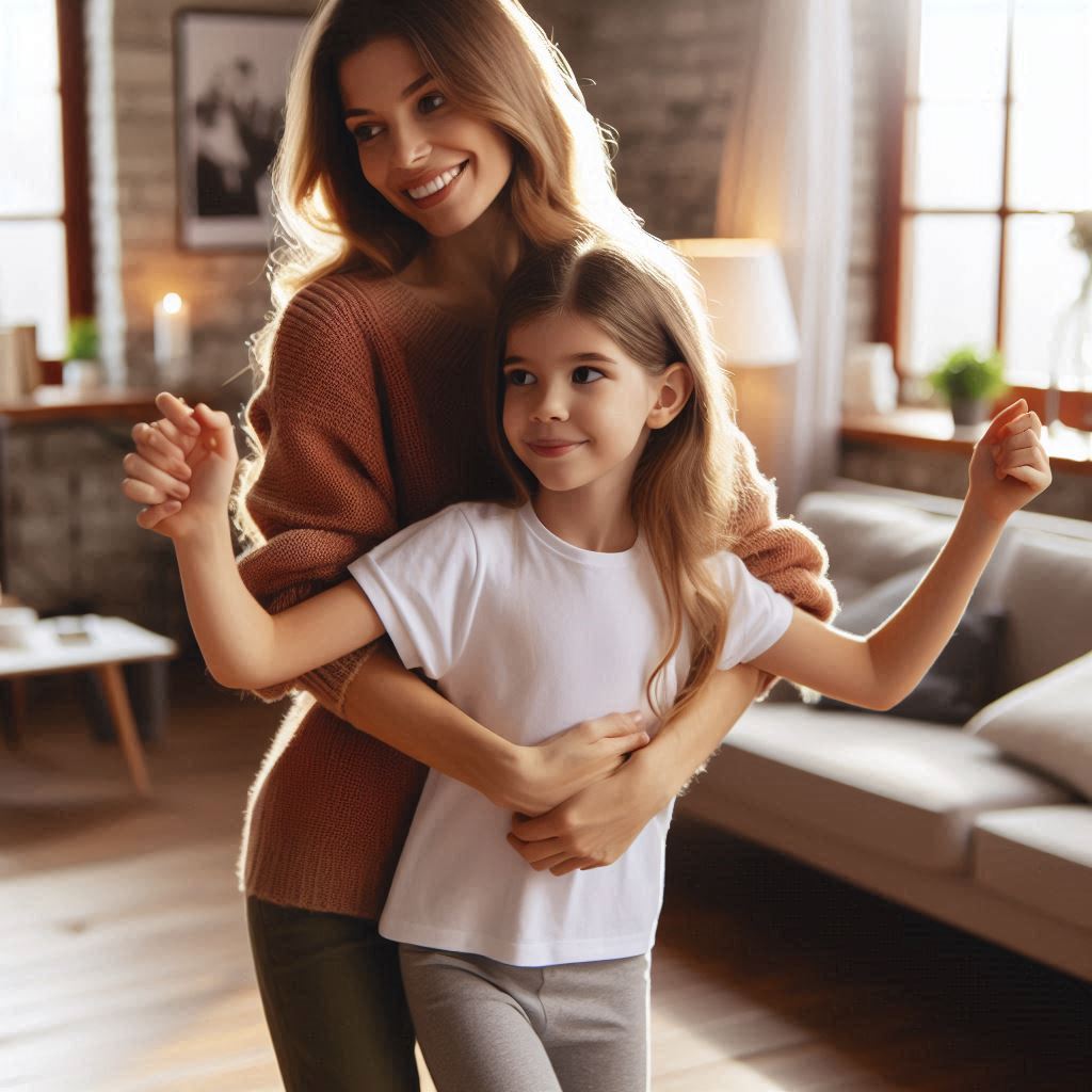A young girl in the 2000s dancing with her mother in their living room in a New York apartment. They are happy together and not looking at the camera.