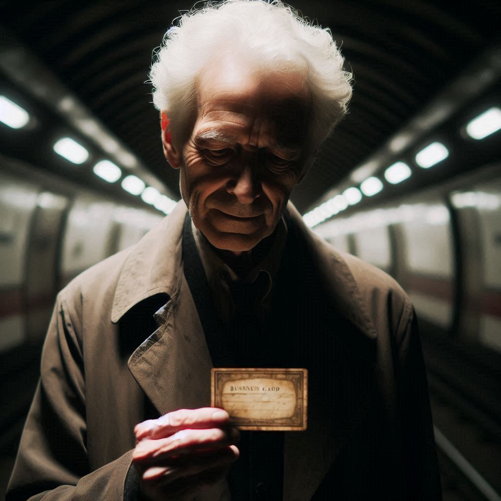 An older man standing in the shadows of a subway tunnel, holding an old and wrinkled business card, looking down at it with a hint of joy mixed with sadness on his shadowed face.