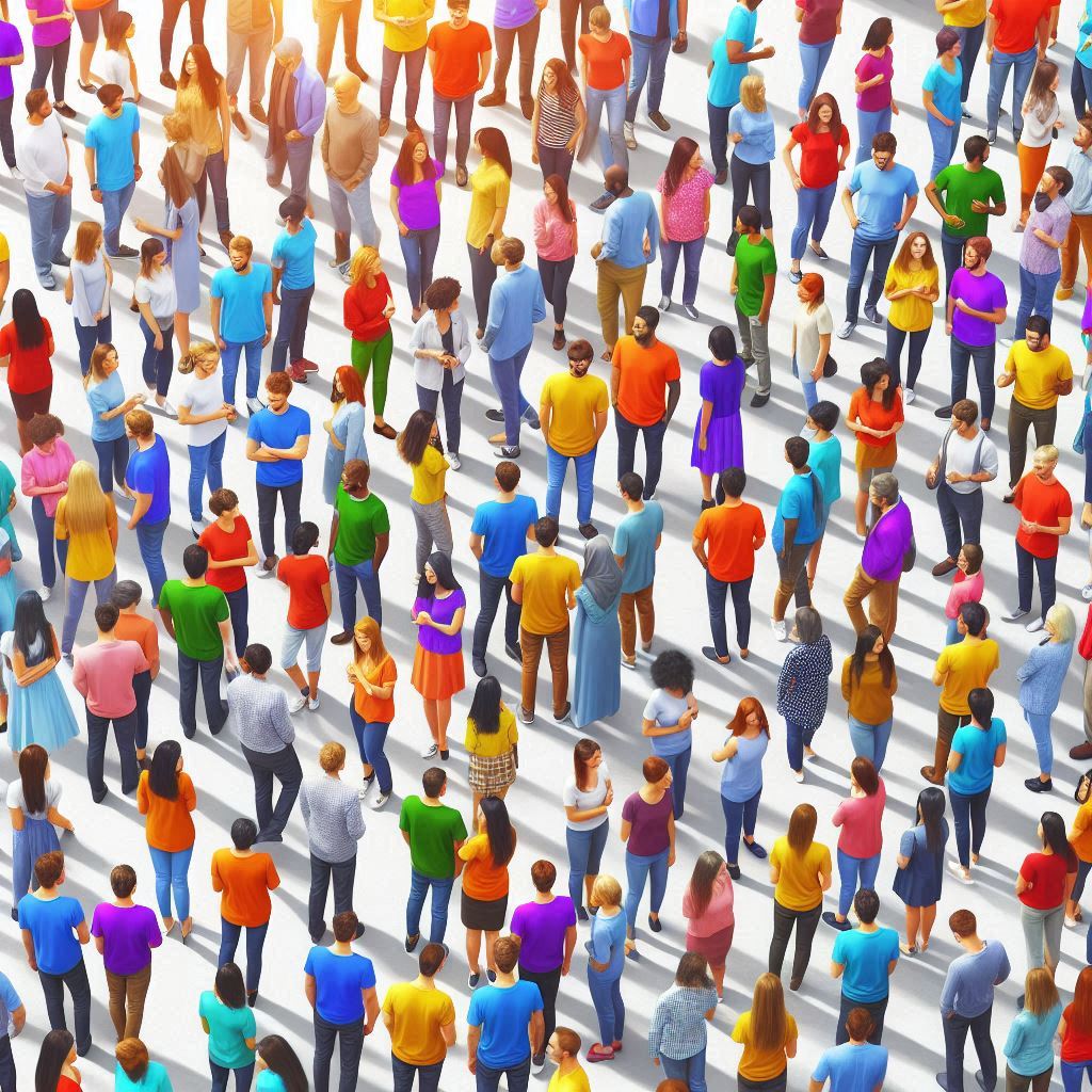 People clustered into groups with similar shirt colors