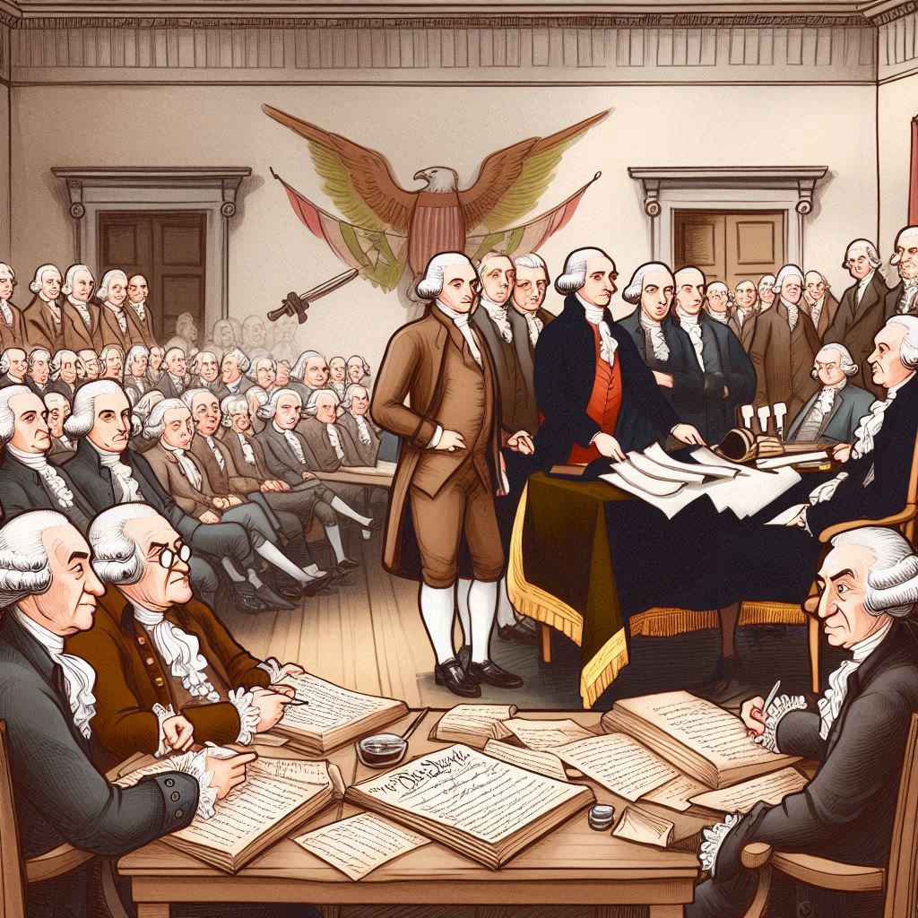 cartoonish image of the founding fathers at the Constitutional Convention creating the US Constitution and debating